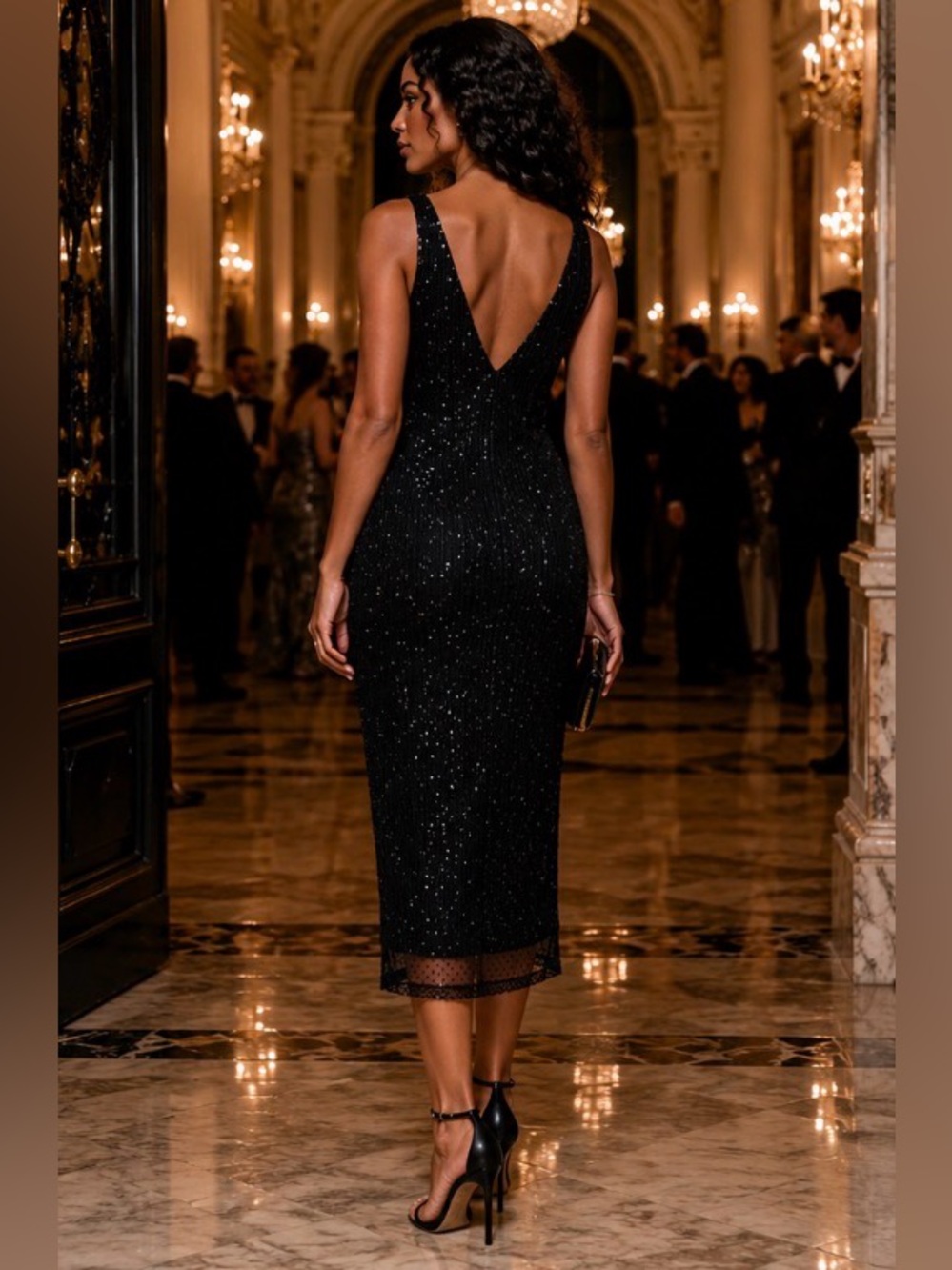 Ralph Lauren Black Sequin V-Neck Midi Cocktail Dress - Picture 2 of 8